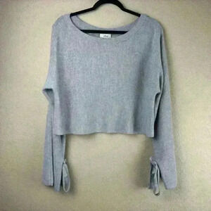 Aritzia Wilfred 100% Merino Wool Emmy Crop Gray Tie Sleeve Scoop Neck Sweater